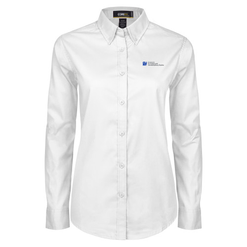 Womens White Twill Button Down Long Sleeve-CUNY Baccalaureate Primary Mark