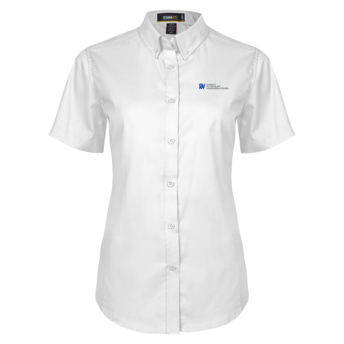 Womens White Twill Button Up Short Sleeve-CUNY Baccalaureate Primary Mark