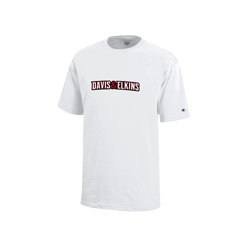  Champion Youth White Short Sleeve Tee - Davis and Elkins Wordmark