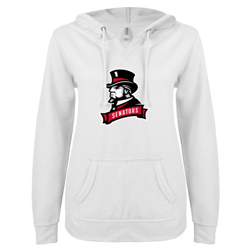  ENZA Womens White V Notch Raw Edge Fleece Hoodie - Senators