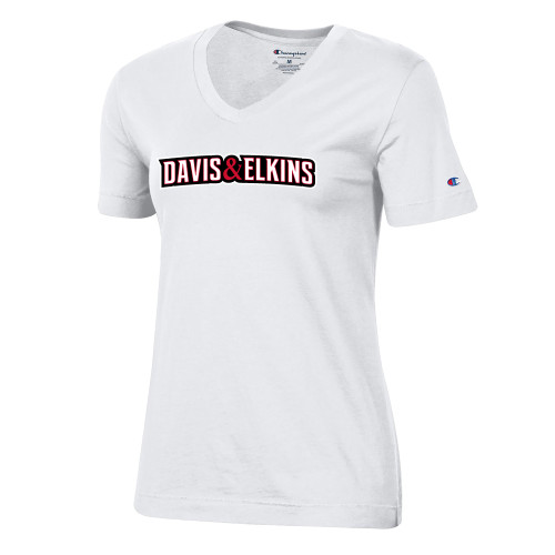  Champion Womens White VNeck Tee - Davis and Elkins Wordmark
