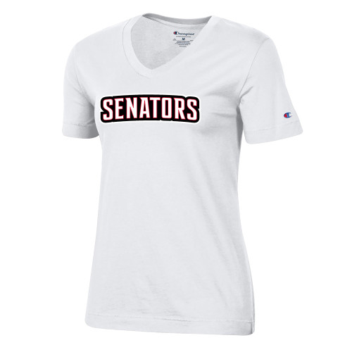  Champion Womens White VNeck Tee - Senators Word Mark