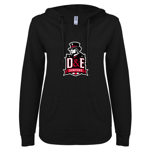  ENZA Womens Black V Notch Raw Edge Fleece Hoodie - DE Senators