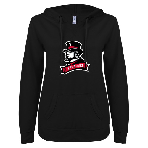  ENZA Womens Black V Notch Raw Edge Fleece Hoodie - Senators