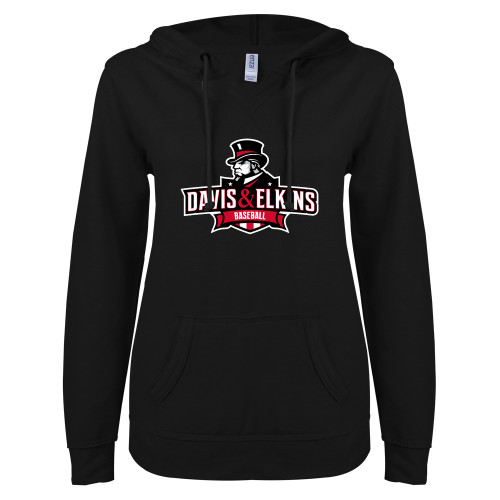  ENZA Womens Black V Notch Raw Edge Fleece Hoodie - Baseball