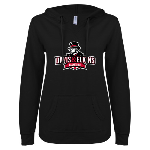  ENZA Womens Black V Notch Raw Edge Fleece Hoodie - Basketball