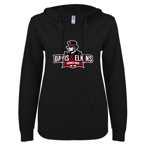  ENZA Womens Black V Notch Raw Edge Fleece Hoodie - Sports Med