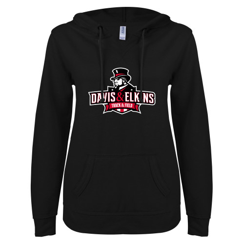  ENZA Womens Black V Notch Raw Edge Fleece Hoodie - Track and Field