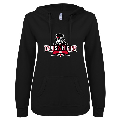 ENZA Womens Black V Notch Raw Edge Fleece Hoodie - Davis and Elkins Mom