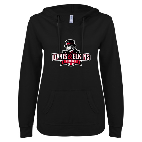  ENZA Womens Black V Notch Raw Edge Fleece Hoodie - Davis and Elkins Grandma