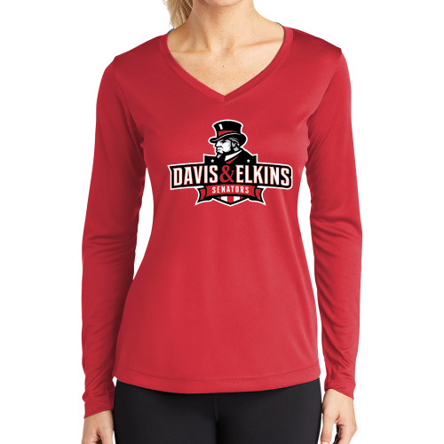  Womens Red Performance Long Sleeve V Neck Shirt - Primary Mark