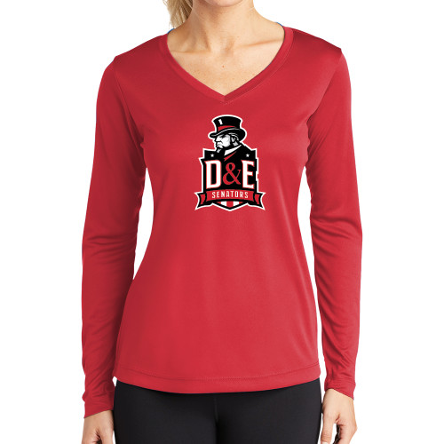 Womens Red Performance Long Sleeve V Neck Shirt - DE Senators
