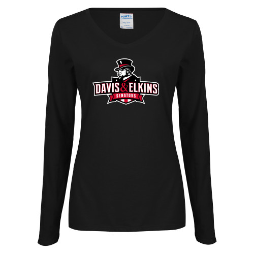  Womens Black Long Sleeve V Neck Tee  - Primary Mark