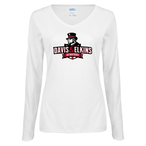  Womens White Long Sleeve V Neck Tee - Primary Mark