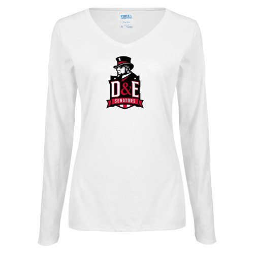  Womens White Long Sleeve V Neck Tee - DE Senators