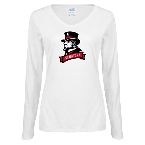  Womens White Long Sleeve V Neck Tee - Senators