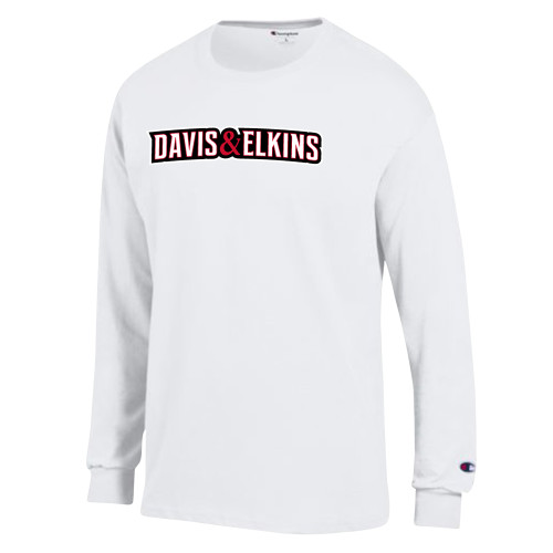  Champion White Long Sleeve T Shirt - Davis and Elkins Wordmark