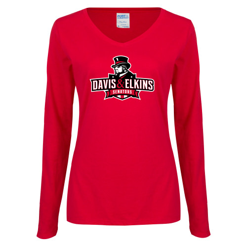  Womens Red Long Sleeve V Neck Tee - Primary Mark