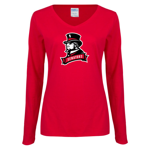  Womens Red Long Sleeve V Neck Tee - Senators