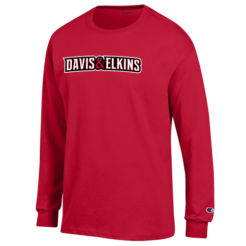  Champion Red Long Sleeve T Shirt - Davis and Elkins Wordmark