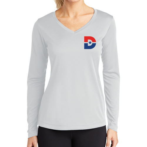  Womens White Performance Long Sleeve V Neck Shirt - D Mark