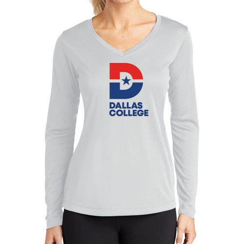  Womens White Performance Long Sleeve V Neck Shirt - Vertical Logo