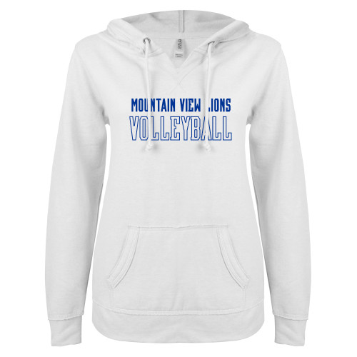  ENZA Womens White V Notch Raw Edge Fleece Hoodie - Moutain View Lions Volleyball