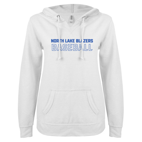  ENZA Womens White V Notch Raw Edge Fleece Hoodie - North Lake Blazers Baseball