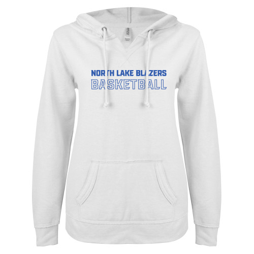  ENZA Womens White V Notch Raw Edge Fleece Hoodie - North Lake Blazers Basketball