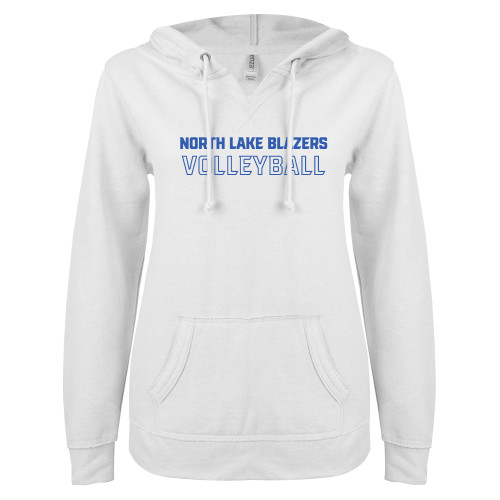  ENZA Womens White V Notch Raw Edge Fleece Hoodie - North Lake Blazers Volleyball