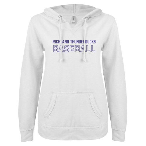  ENZA Womens White V Notch Raw Edge Fleece Hoodie - Richland Thunderducks Baseball