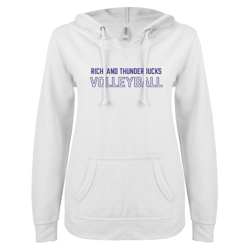  ENZA Womens White V Notch Raw Edge Fleece Hoodie - Richland Thunderducks Volleyball