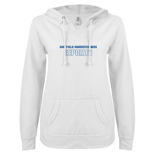  ENZA Womens White V Notch Raw Edge Fleece Hoodie - Eastfield Harvester Bees Esports