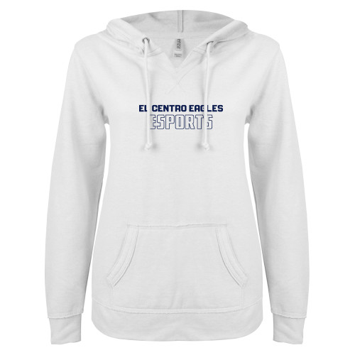 ENZA Womens White V Notch Raw Edge Fleece Hoodie - El Centro Eagles Esports