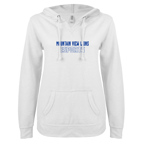  ENZA Womens White V Notch Raw Edge Fleece Hoodie - Moutain View Lions Esports