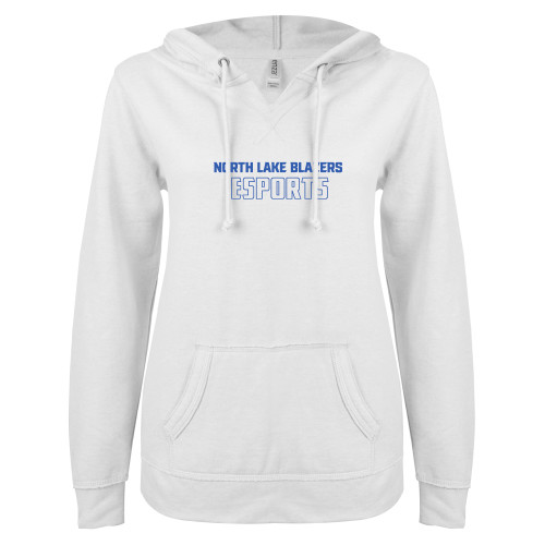  ENZA Womens White V Notch Raw Edge Fleece Hoodie - North Lake Blazers Esports