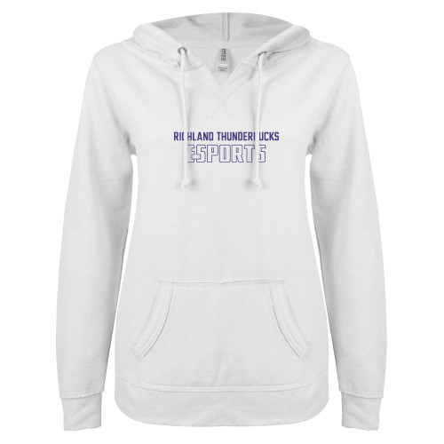  ENZA Womens White V Notch Raw Edge Fleece Hoodie - Richland Thunderducks Esports