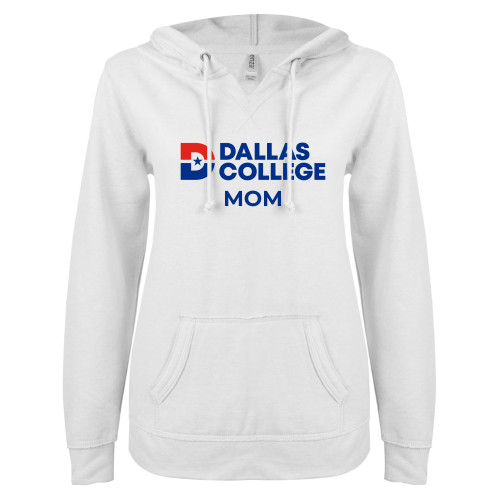  ENZA Womens White V Notch Raw Edge Fleece Hoodie - Dallas College Mom