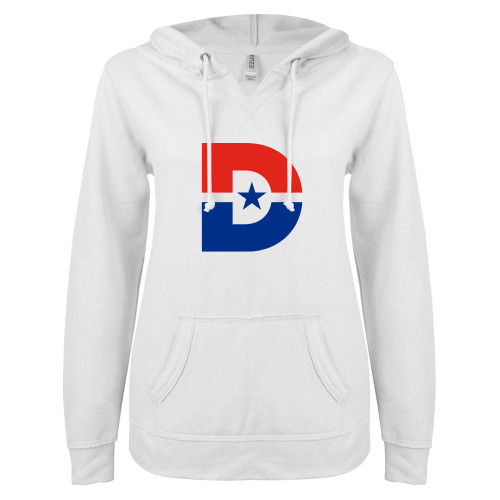  ENZA Womens White V Notch Raw Edge Fleece Hoodie - D Mark