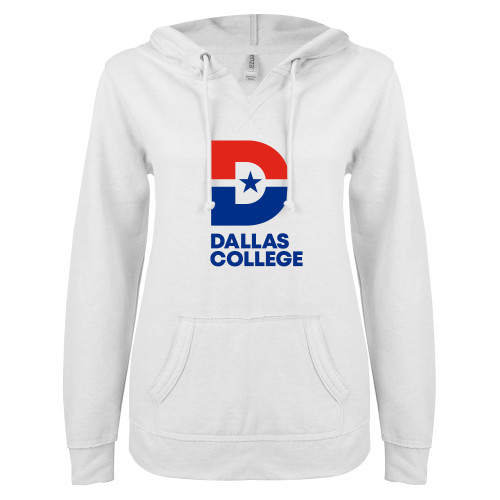  ENZA Womens White V Notch Raw Edge Fleece Hoodie - Vertical Logo