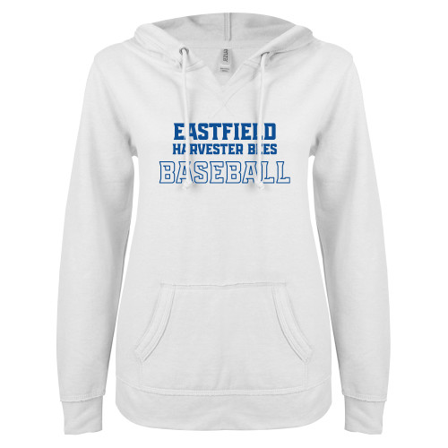  ENZA Womens White V Notch Raw Edge Fleece Hoodie - Eastfield Harvester Bees Baseball