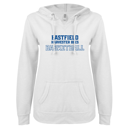  ENZA Womens White V Notch Raw Edge Fleece Hoodie - Eastfield Harvester Bees Basketball