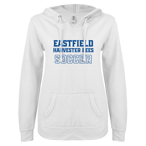  ENZA Womens White V Notch Raw Edge Fleece Hoodie - Eastfield Harvester Bees Soccer