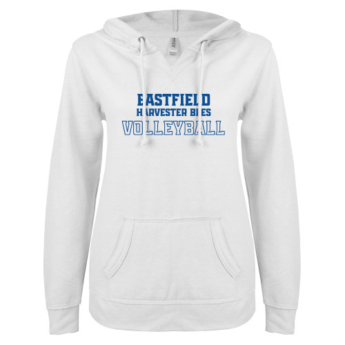  ENZA Womens White V Notch Raw Edge Fleece Hoodie - Eastfield Harvester Bees Volleyball