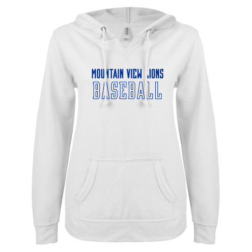  ENZA Womens White V Notch Raw Edge Fleece Hoodie - Moutain View Lions Baseball