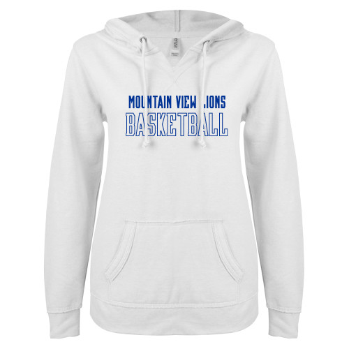  ENZA Womens White V Notch Raw Edge Fleece Hoodie - Moutain View Lions Basketball