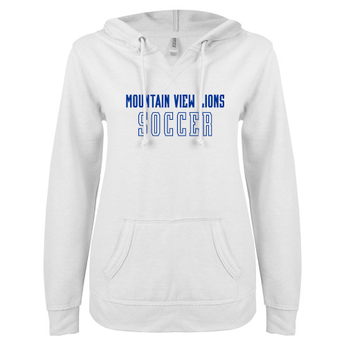  ENZA Womens White V Notch Raw Edge Fleece Hoodie - Moutain View Lions Soccer