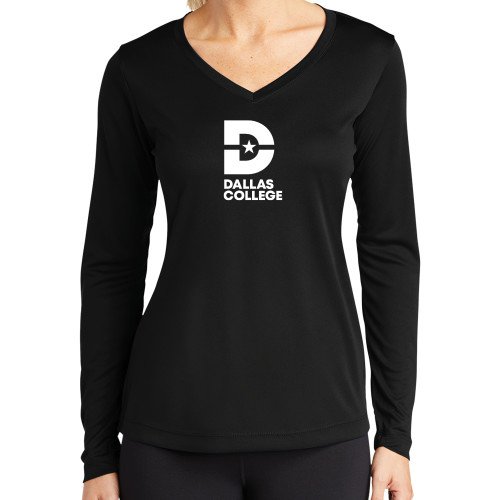  Womens Black Performance Long Sleeve V Neck Shirt - Vertical Logo