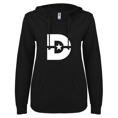  ENZA Womens Black V Notch Raw Edge Fleece Hoodie - D Mark