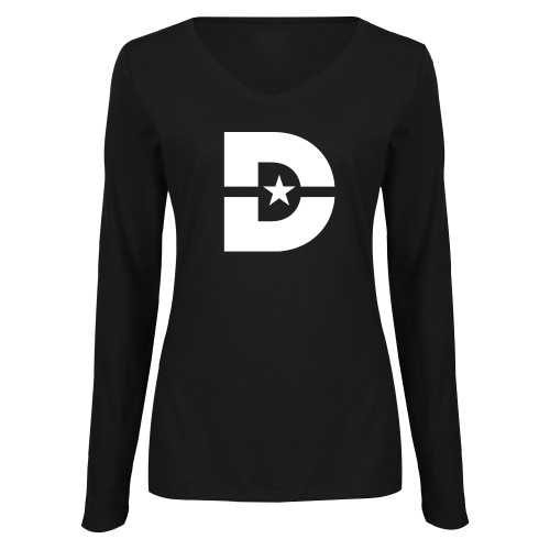  Womens Black Long Sleeve V Neck Tee  - D Mark